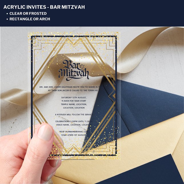 ACRYLIC BAR MITZVAH Modern Navy Gold Classy Invitations (Creator Uploaded)