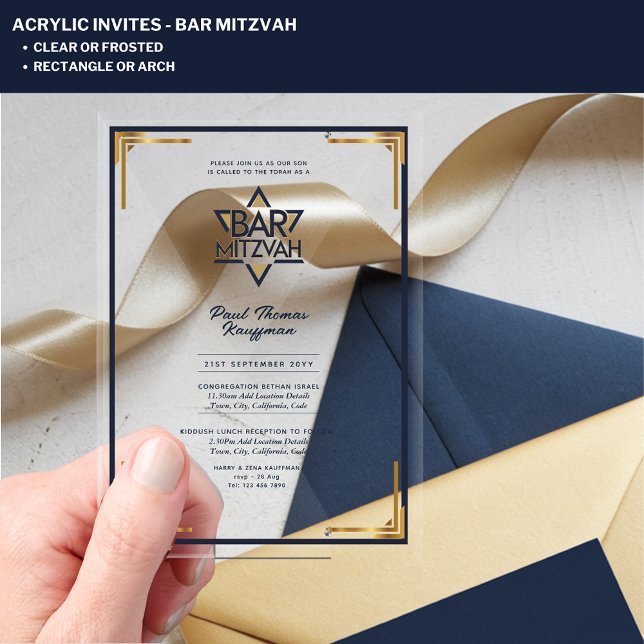 Acrylic BAR MITZVAH Navy Gold Modern Classy Acrylic Invitations (Creator Uploaded)