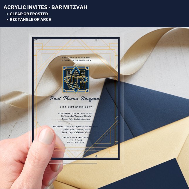 Acrylic BAR MITZVAH Navy Gold Modern Trendy Invitations (Creator Uploaded)