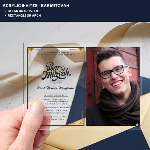 ACRYLIC BAR MITZVAH Photo Blue Gold Elegant Invitations