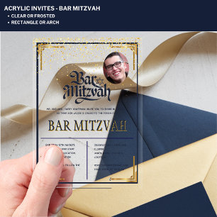 ACRYLIC BAR MITZVAH Photo Modern Navy Gold Classy Invitations