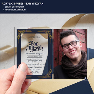 ACRYLIC BAR MITZVAH Photo Navy Gold Elegant Invitations