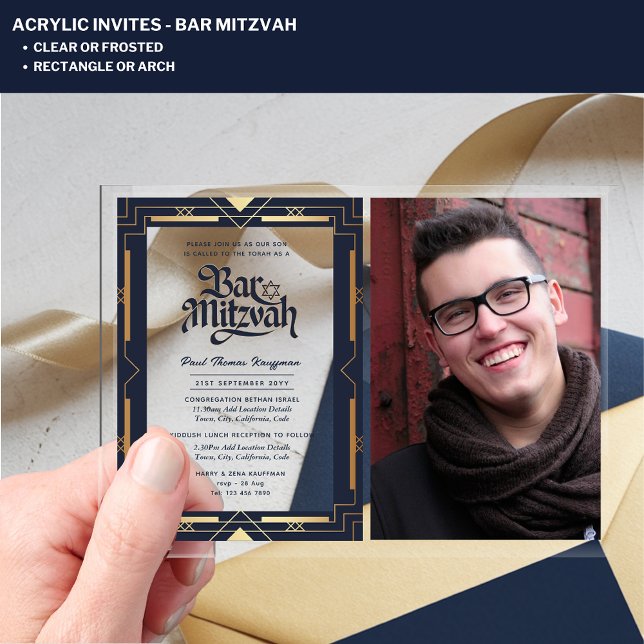 ACRYLIC BAR MITZVAH Photo Navy Gold Elegant Invitations (Creator Uploaded)