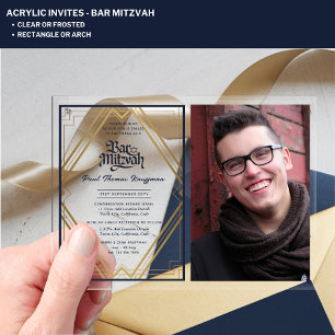 ACRYLIC BAR MITZVAH Photo Navy Gold Elegant Invitations