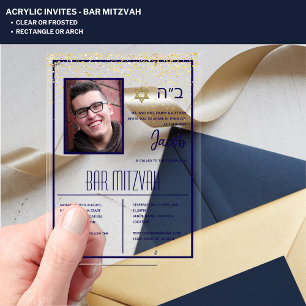 ACRYLIC BAR MITZVAH Photo Navy Gold Modern Elegant Invitations
