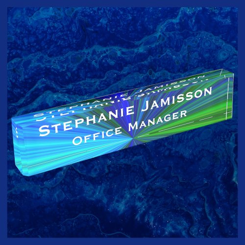 Acrylic Blue and Green Starburst Name and Title  Desk Name Plate