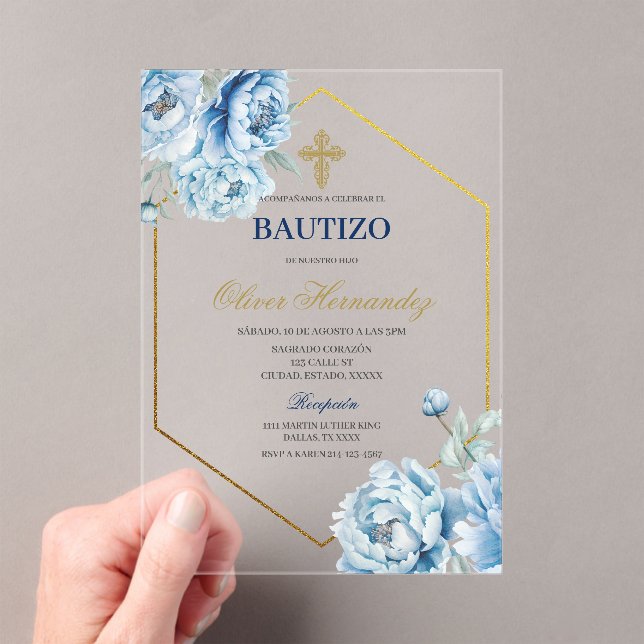Acrylic Blue Floral Bautizo Spanish Invitation (Insitu (Handheld))
