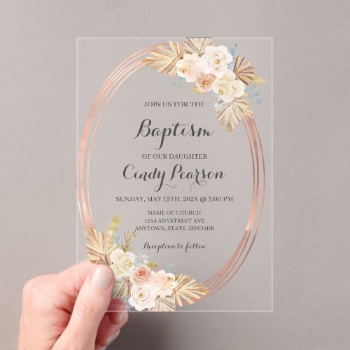 Acrylic Boho baptism invitation for girl
