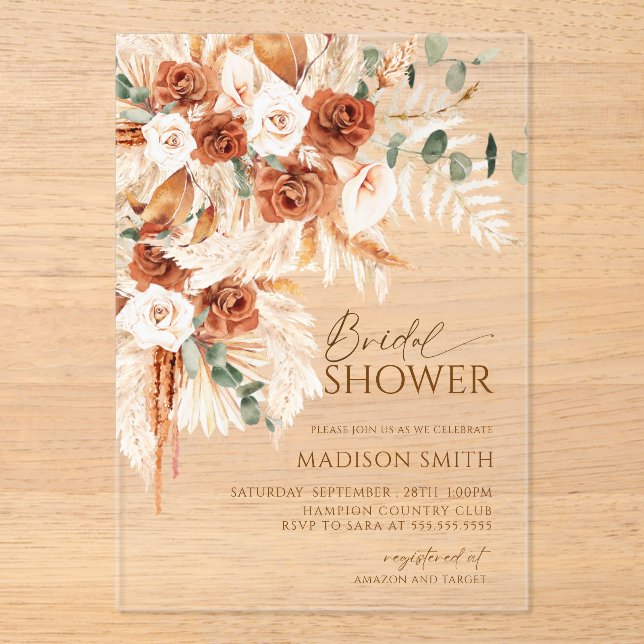 Acrylic Boho Floral Pampas Bridal Shower  Acrylic Invitations (Front)