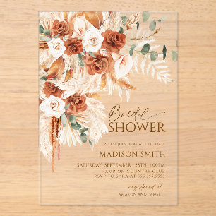 Acrylic Boho Floral Pampas Bridal Shower Invitations