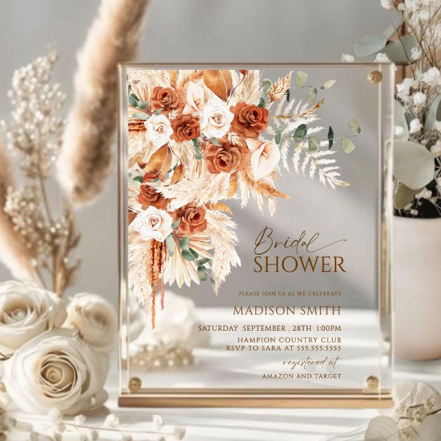 Acrylic Boho Floral Pampas Bridal Shower  Invitations (Creator Uploaded)
