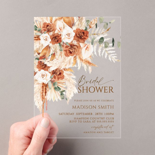 Acrylic Boho Floral Pampas Bridal Shower  Invitations (Insitu (Handheld))