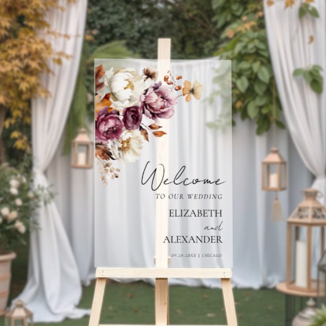 Acrylic Burgundy Floral Fall Wedding Party Sign (Creator Uploaded)