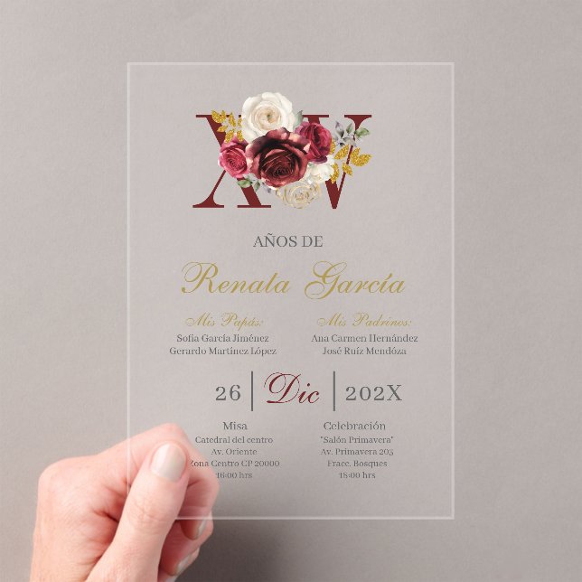 Acrylic Burgundy floral quinceañera invitation (Insitu (Handheld))