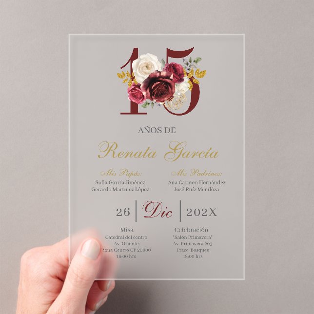 Acrylic Burgundy floral quinceañera invitation (Insitu (Handheld))