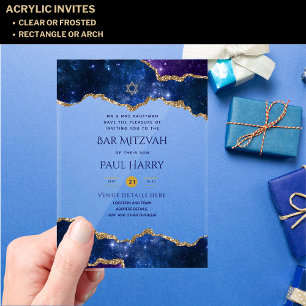 Acrylic Clear BAR MITZVAH Galaxy Starry Night Blue Invitations