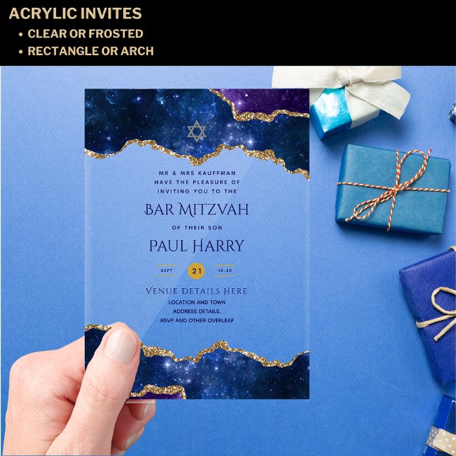 Acrylic Clear BAR MITZVAH Galaxy Starry Night Blue Invitations (Creator Uploaded)