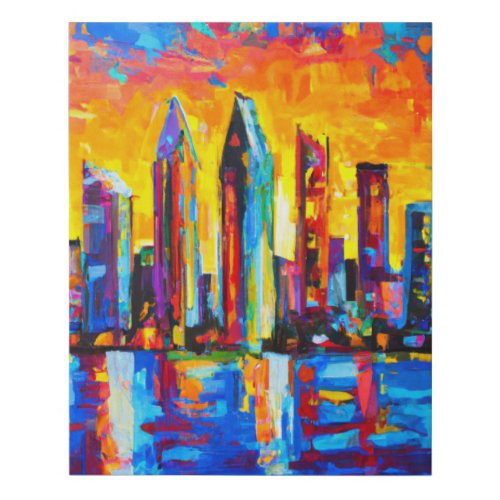 Acrylic Colorful Painting of San Diego Skyline Faux Canvas Print