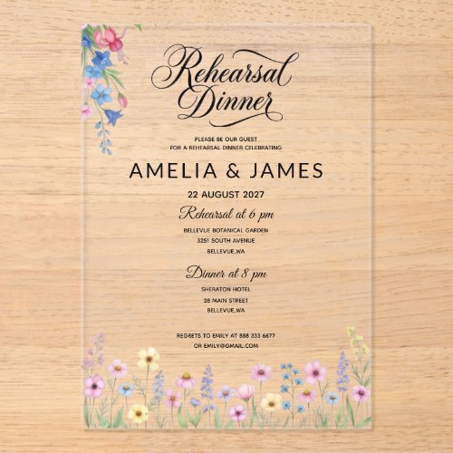 Acrylic Colorful wildflower  rehearsal dinner Invitations