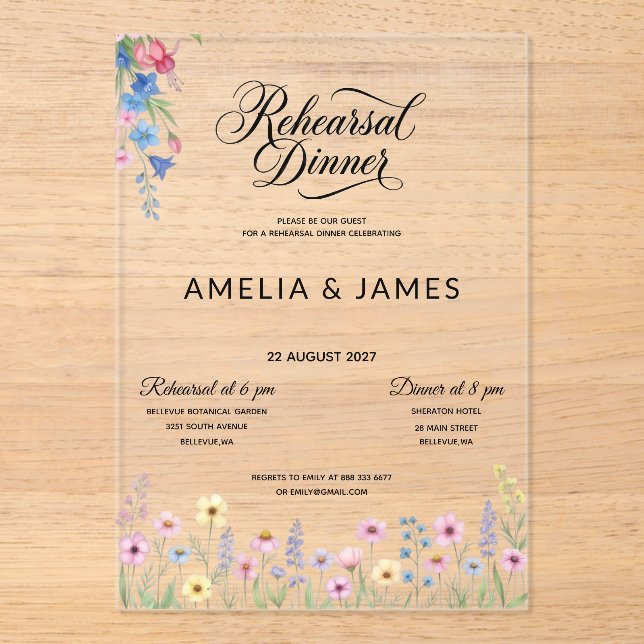 Acrylic Colorful wildflower  rehearsal dinner Invitations (Front)