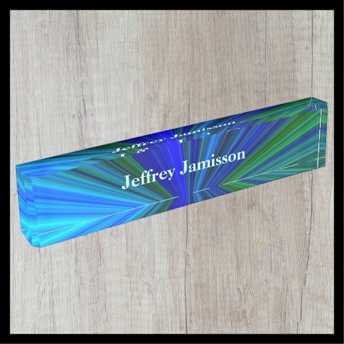 Acrylic Desk Nameplate Blue and Green Starburst Name Plate