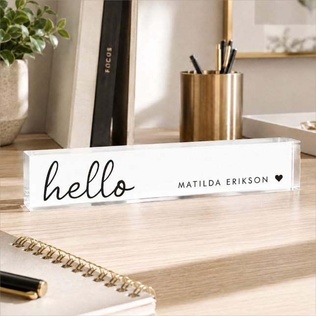 Acrylic Desk Nameplate | Custom Office Name Sign (Personalized acrylic desk nameplate with hello script, custom name, and office sign style.)
