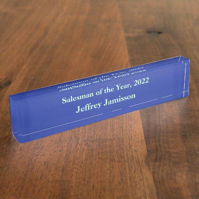 Acrylic Desk Nameplate, Salesman of the Year Blue Nameplate (Side)