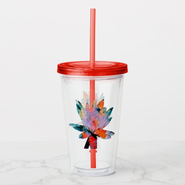 Acrylic Drinking Glass with Straw & Top Water Lily (Front)