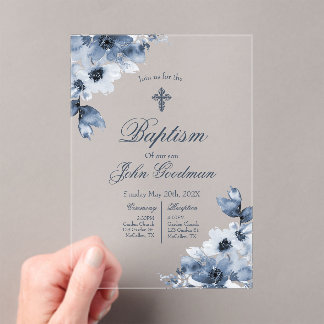 Acrylic dusty blue baptism with cross  invitations