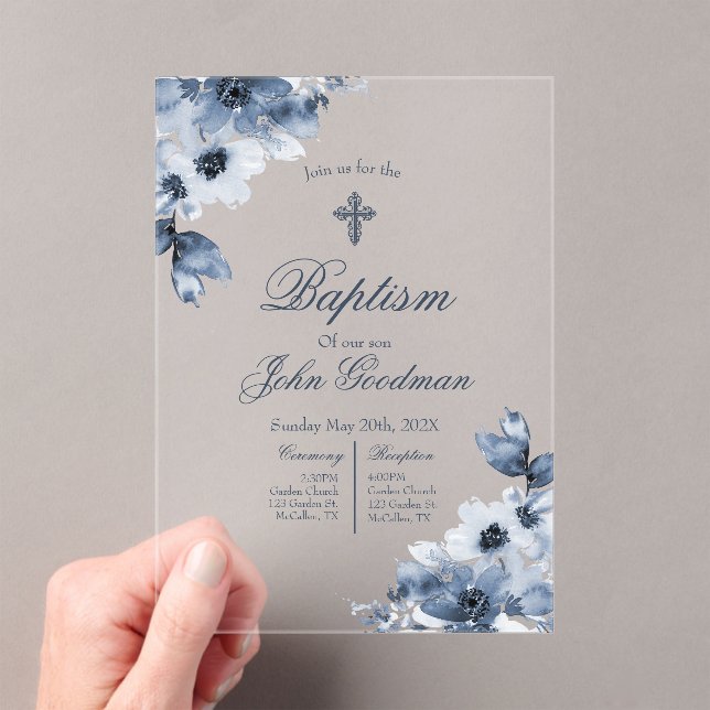 Acrylic dusty blue baptism with cross  invitations (Insitu (Handheld))