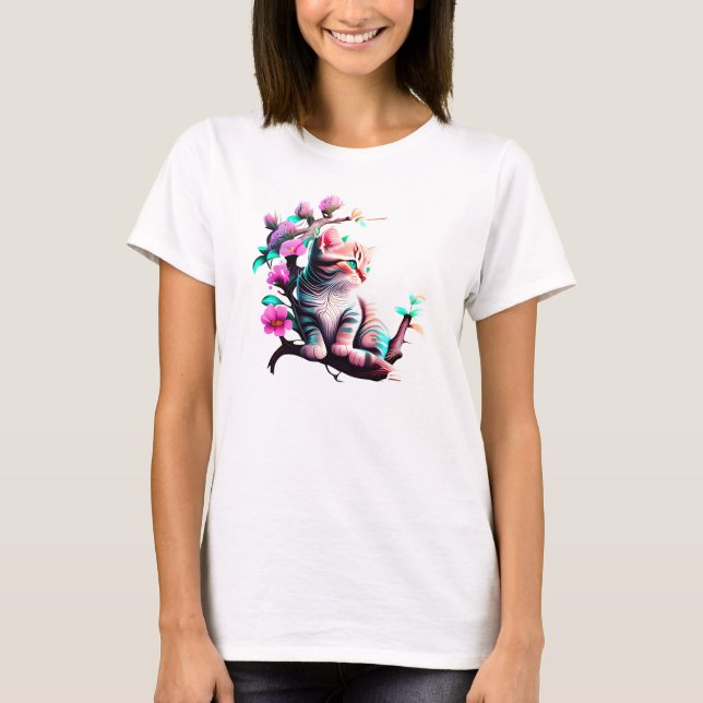 Acrylic Flower Cute Cat T-Shirt (Front)