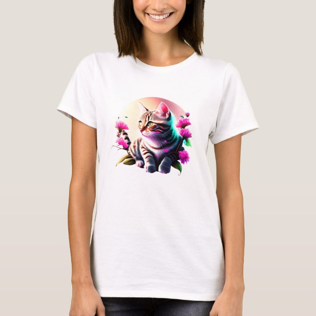 Acrylic Flower Cute Cat T-Shirt (Front)
