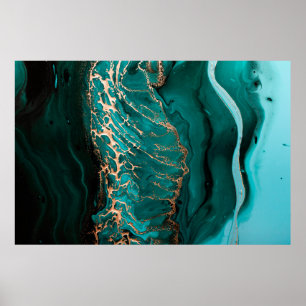 Acrylic Fluid Art. Dark green waves in abstract oc Poster