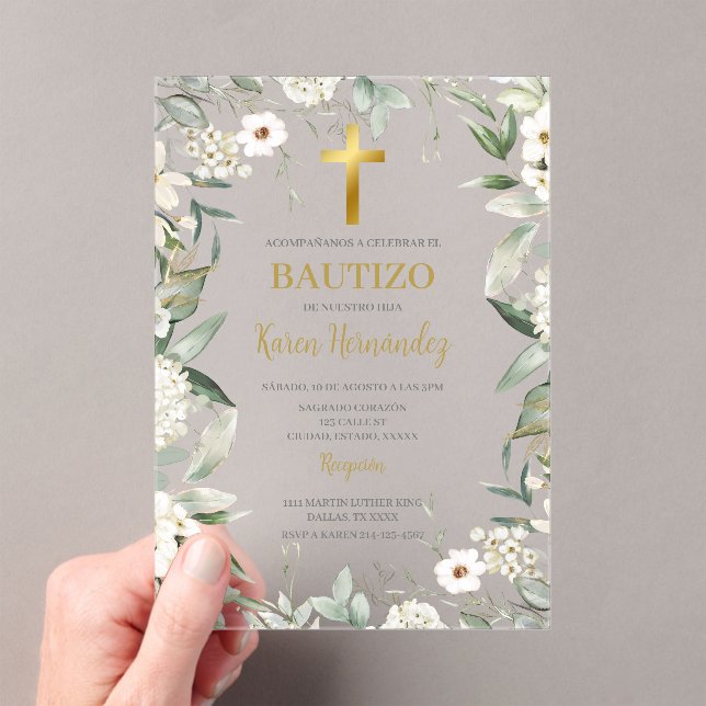 Acrylic greenery white flower Baptism Spanish Acrylic Invitations (Insitu (Handheld))