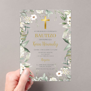 Acrylic greenery white flower Baptism Spanish Invitations