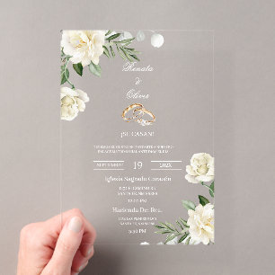 Acrylic greenery white rose wedding invitations