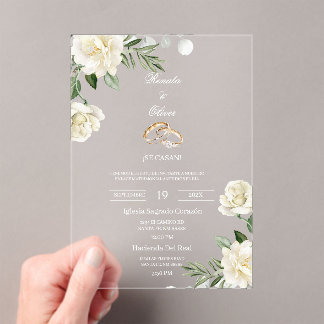 Acrylic greenery white rose wedding  invitations