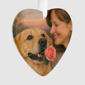 Acrylic Heart Ornament – Dog with Rose at Sunset