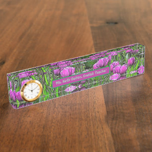 ACRYLIC NAMEPLATE/ PURPLE TULIPS/CUSTOMIZABLE DESK NAME PLATE
