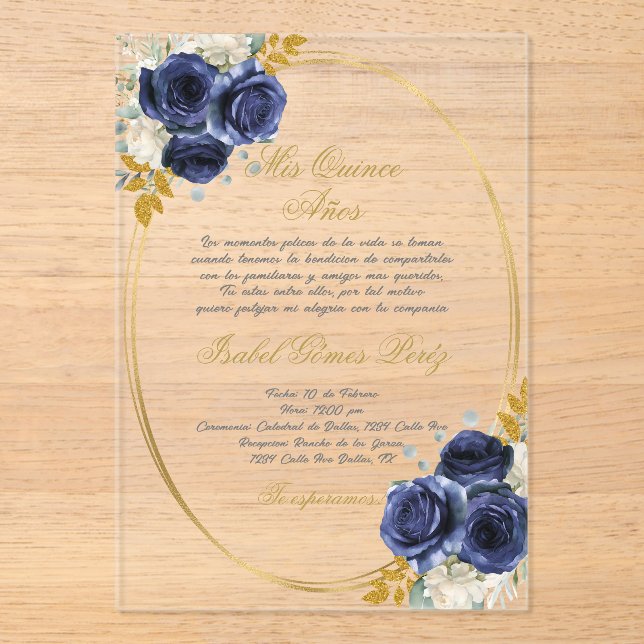 Acrylic Navy blue Spanish  Quinceanera  Invitations (Front)