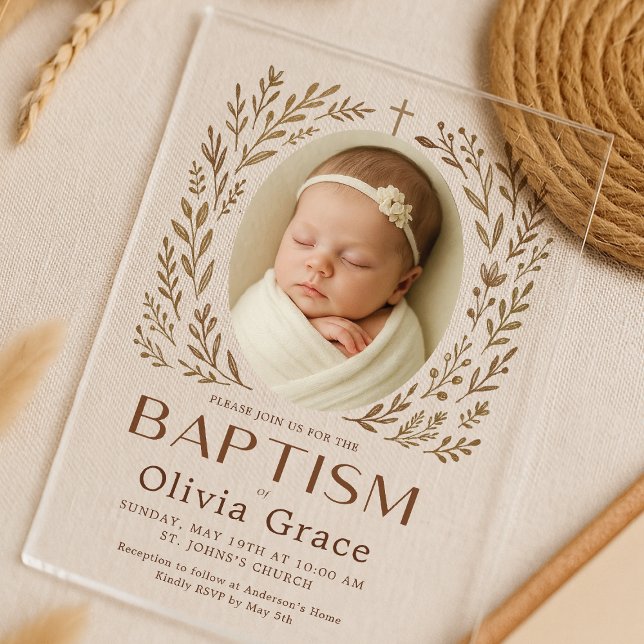 Acrylic Neutral Baby Girl Baptism Invitation (boho-neutral-baptism-invitation-wooden-background-olivia.png)