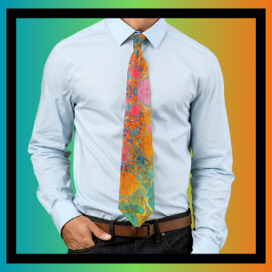 Acrylic Oil Orange Turquoise Pink Abstract Art Neck Tie