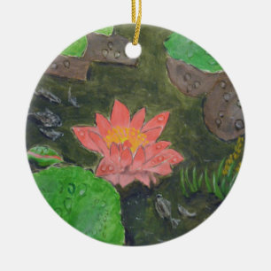 Acrylic on canvas, pink water lily flower ceramic ornament