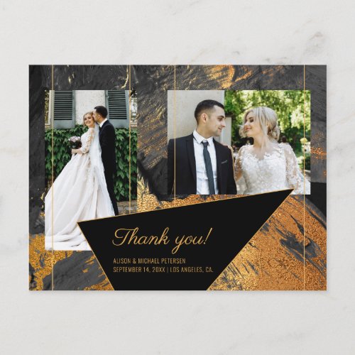 Acrylic painted gold grey wedding photo thank you postcard