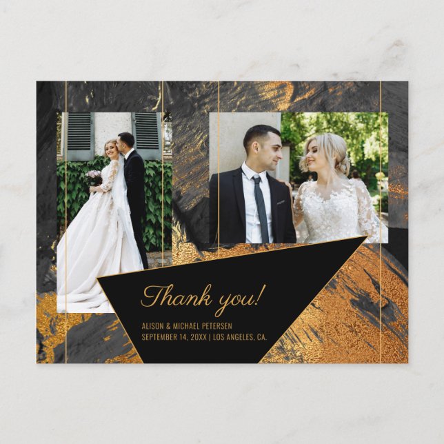Acrylic painted gold grey wedding photo thank you postcard (Front)