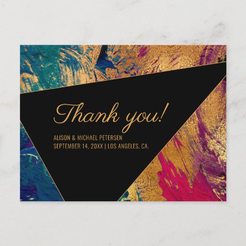Acrylic painted red blue black wedding thank you postcard