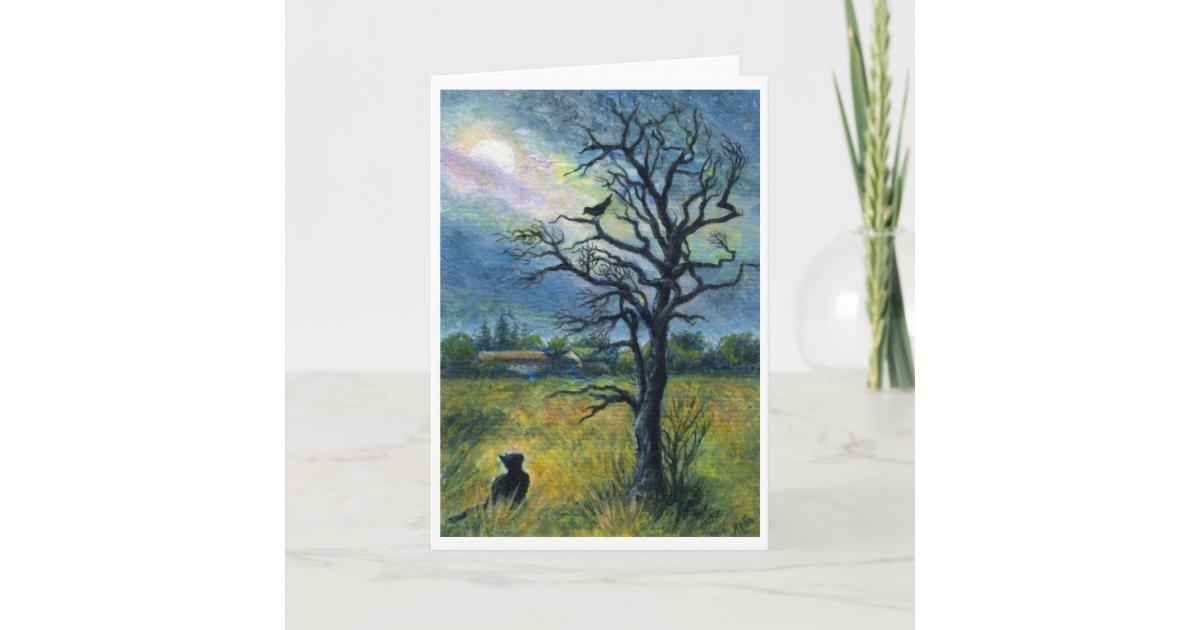 Acrylic Painting Cat Bird Moon Tree Landscape Card Zazzle Com