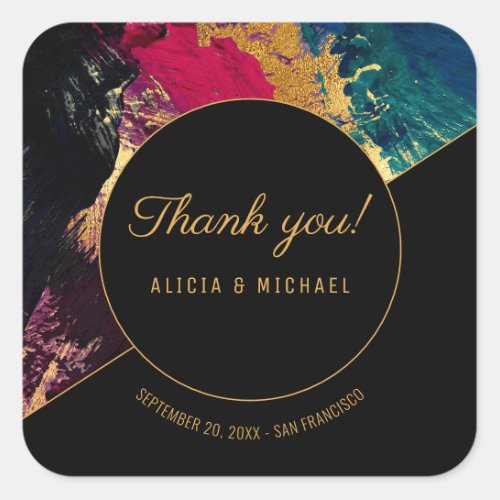 Acrylic painting gold and black wedding thank you square sticker