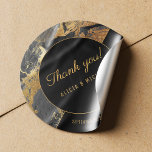 Acrylic painting gold and black wedding thank you square sticker<br><div class="desc">Chic sophisticated acrylic painting wedding thank you custom sticker / label / seal in dark grey charcoal, yellow, faux gold glitter and black color palette with marble like abstract brushstrokes and faux gold modern contemporary fully editable typography script against a black geometric shape. Personalize it with bride and groom names...</div>