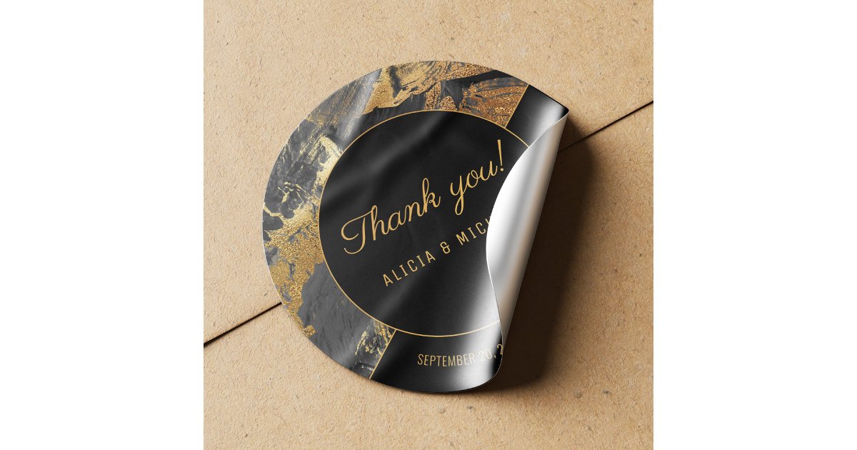 Acrylic painting gold and black wedding thank you square sticker | Zazzle